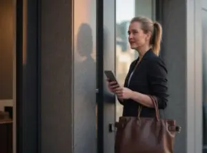innere Kritiker beim Jobwechsel. Frau vor Firmengebäude, nachdenklich, Business-Outfit – Symbolbild für Unsicherheit
