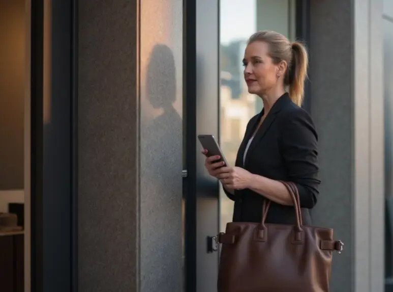 innere Kritiker beim Jobwechsel. Frau vor Firmengebäude, nachdenklich, Business-Outfit – Symbolbild für Unsicherheit